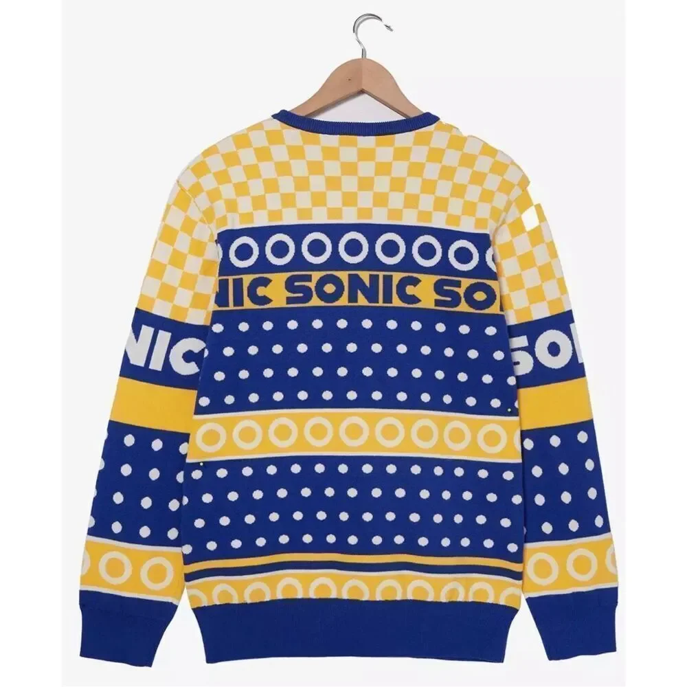 Box Lunch Sonic the Hedgehog Gold Rings Portrait Holiday Sweater New Size Medium